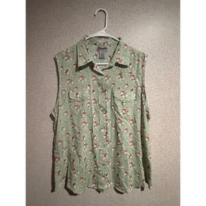 Wrangler Wrancher Womens XL SageGreen Floral Sleeveless Western Snap Shirt Rayon
